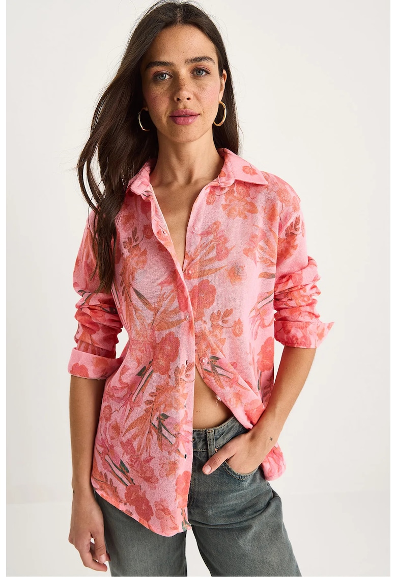 Camasa dama -  cu imprimeu floral - roz - bumbac si lycra