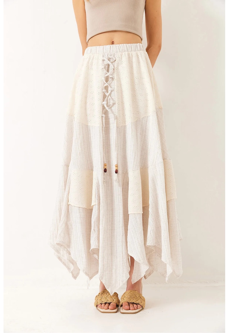 Fusta maxi brodata alb - material textil - cu snur