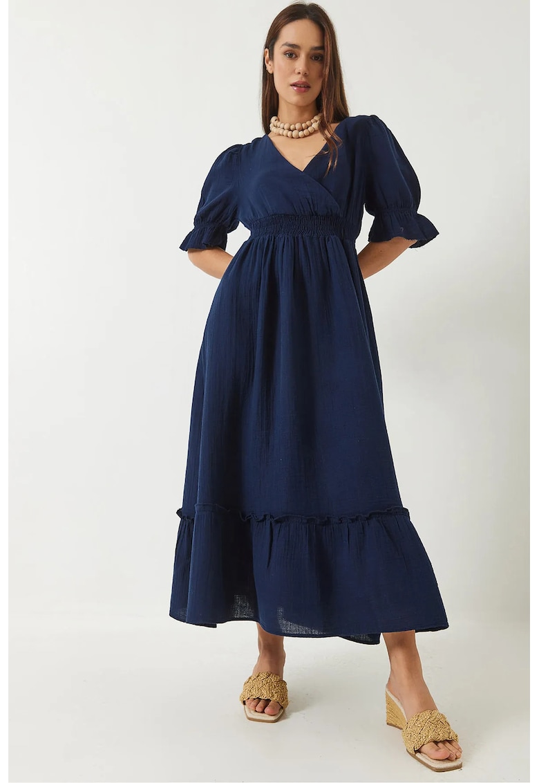 Rochie midi - HiCCUP - texturata - decolteu in V - bleumarin - textil