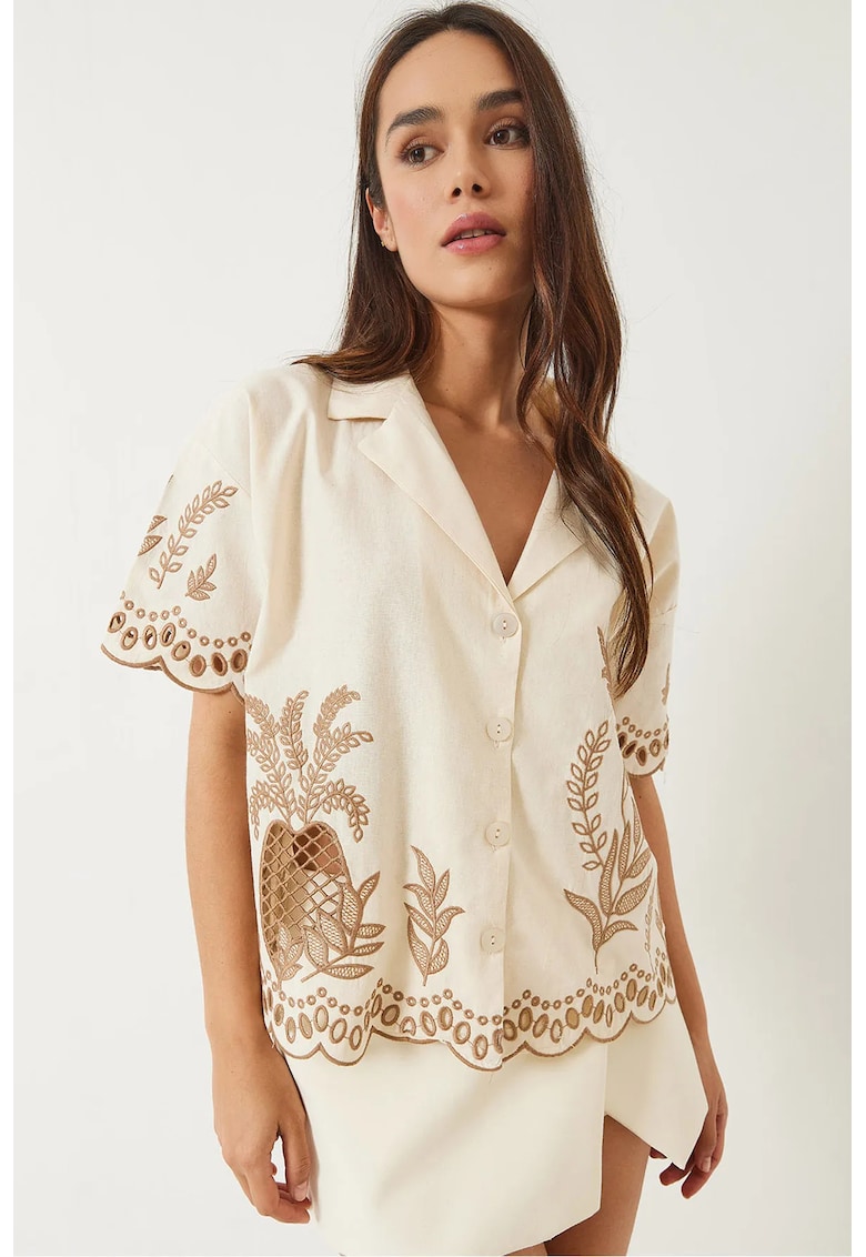Camasa dama LUCCI - din bumbac - maneci scurte - bej