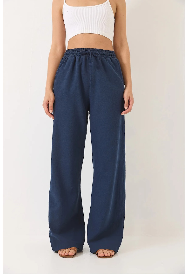 Pantaloni dama - largi cu croiala relaxata - snur - albastru - bumbac