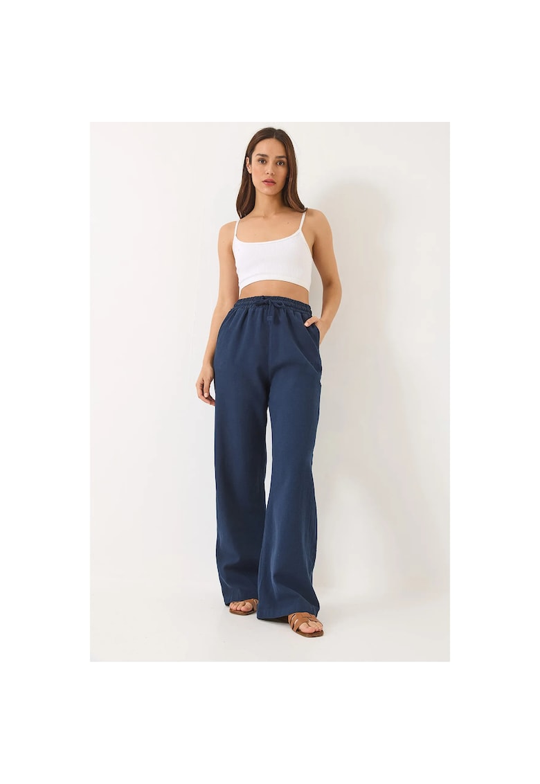 Pantaloni sport dama - largi - cu snur - albastri - din poplin de bumbac -