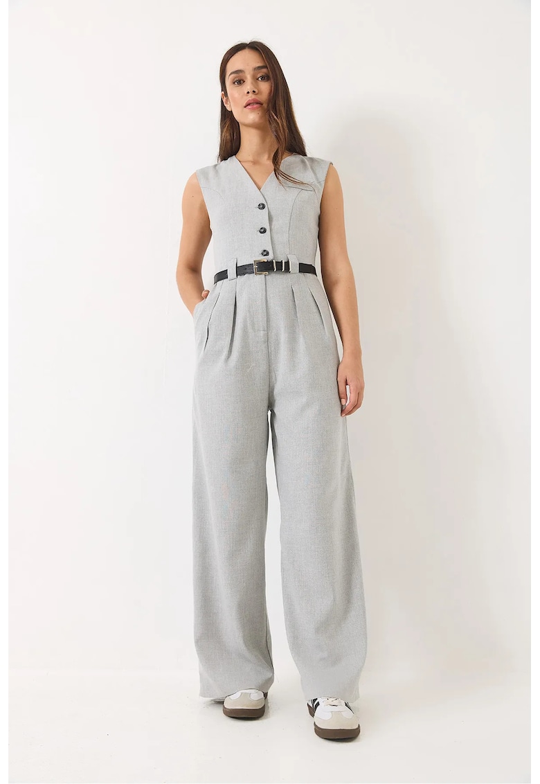 Salopeta dama -  cu decolteu in V - gri - din poliester si viscoza