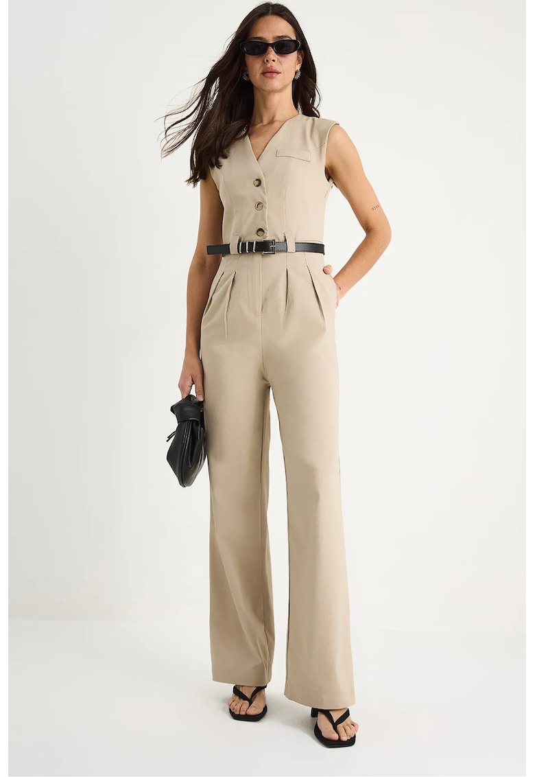 Salopeta dama cu decolteu in V - poliester-viscoza - bej