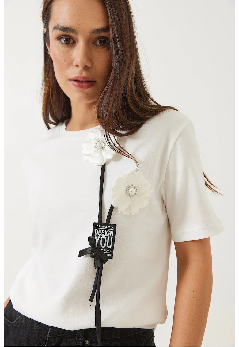 Tricou dama guler rotund - imprimeu - alb - bumbac