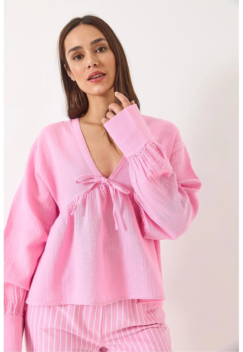 Bluza dama - decolteu in V - detalii de nod - roz aprins textil -