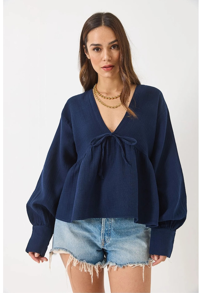 Bluza dama - muselina - decolteu in V - albastru marin - 100% bumbac -