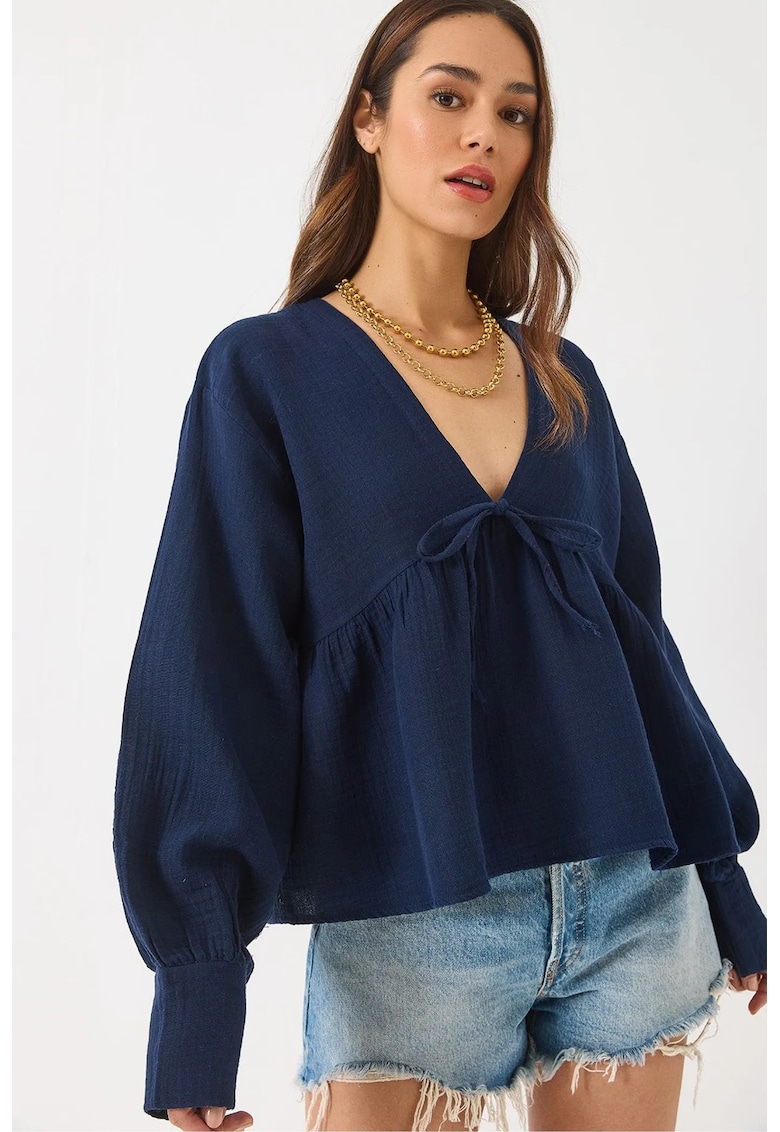 Bluza dama - HiCCUP - Decolteu in V - Albastru inchis - Bumbac