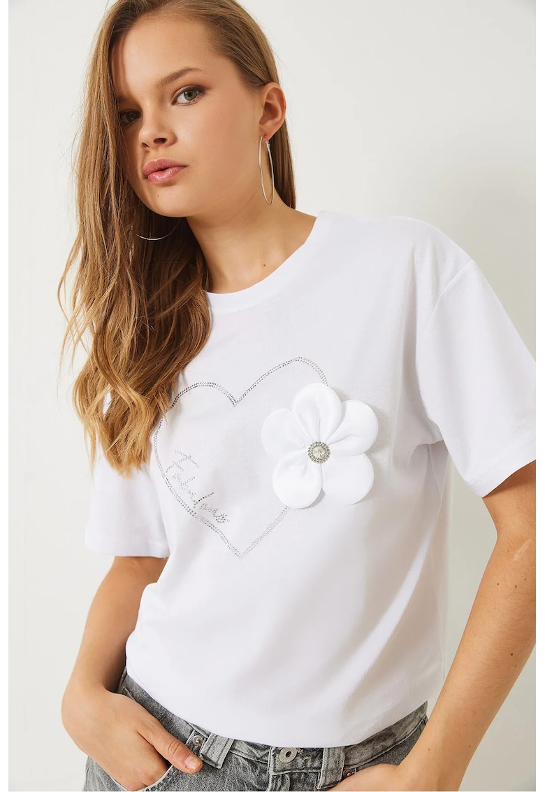 Tricou crop - guler rotund - imprimeu unic - alb - bumbac