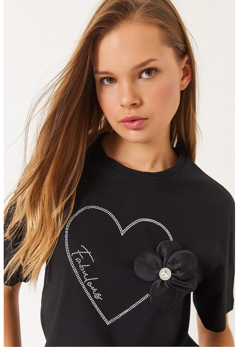 Tricou dama -  tricou scurt cu guler rotund - imprimeu - negru - bumbac