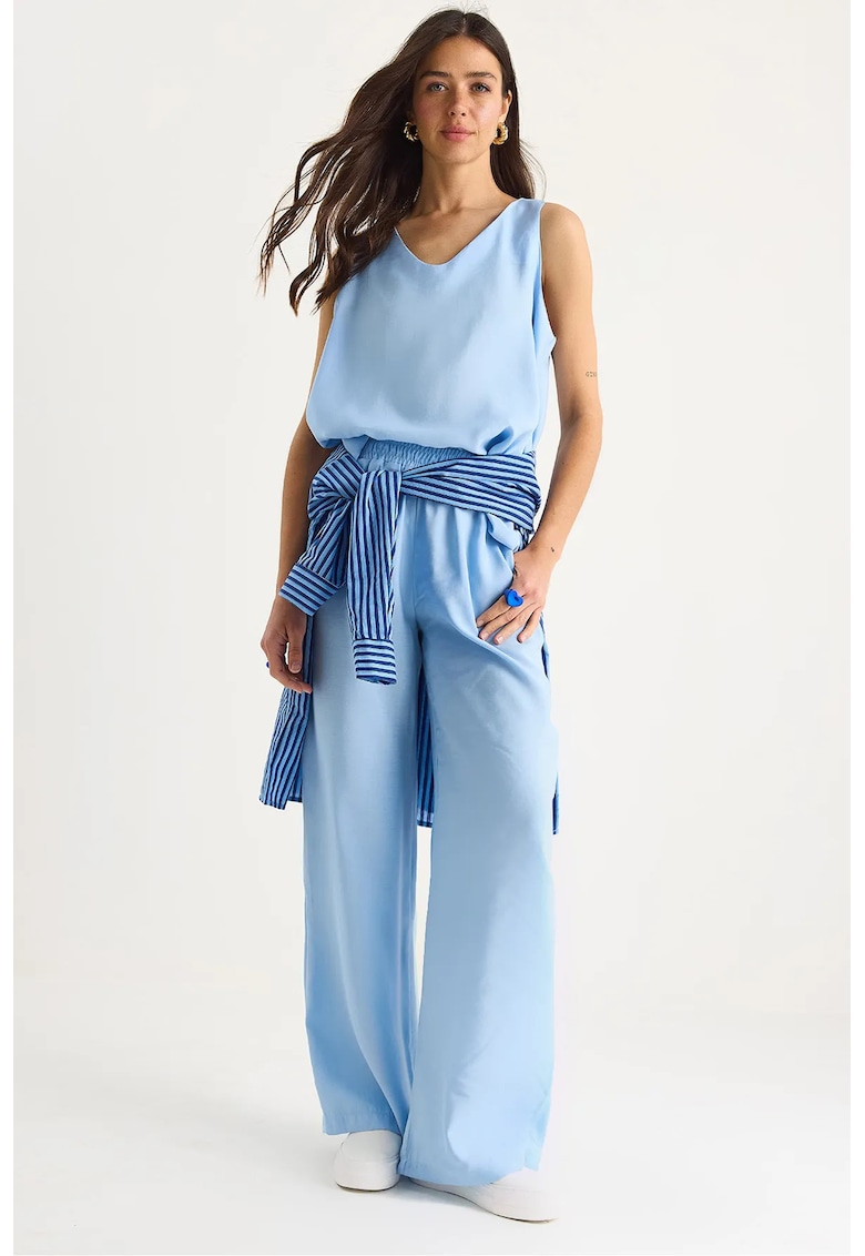 Compleu dama - tricou elegant si pantaloni largi - poplin - albastru