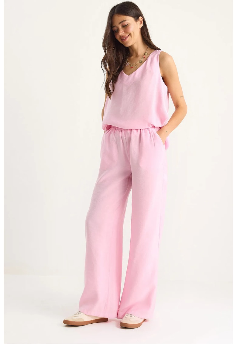 Compleu dama - tricou elegant si pantaloni largi - poplin - roz