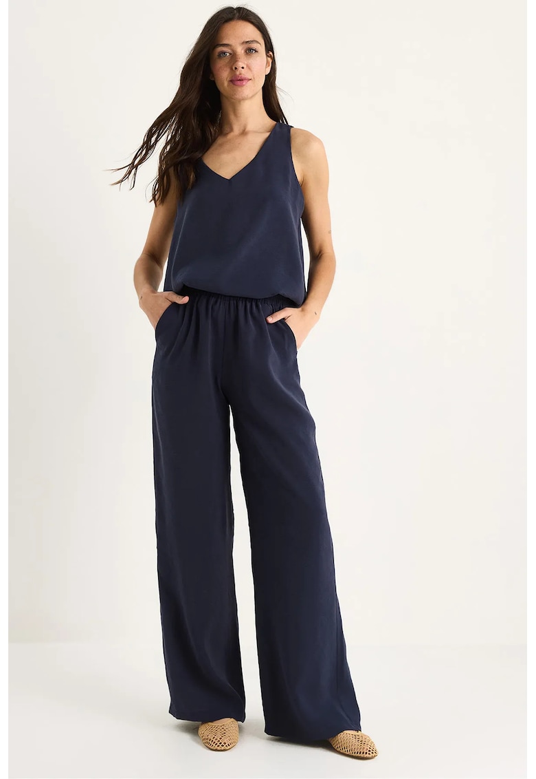 Compleu dama - tricou elegant si pantaloni largi - poplin - bleumarin