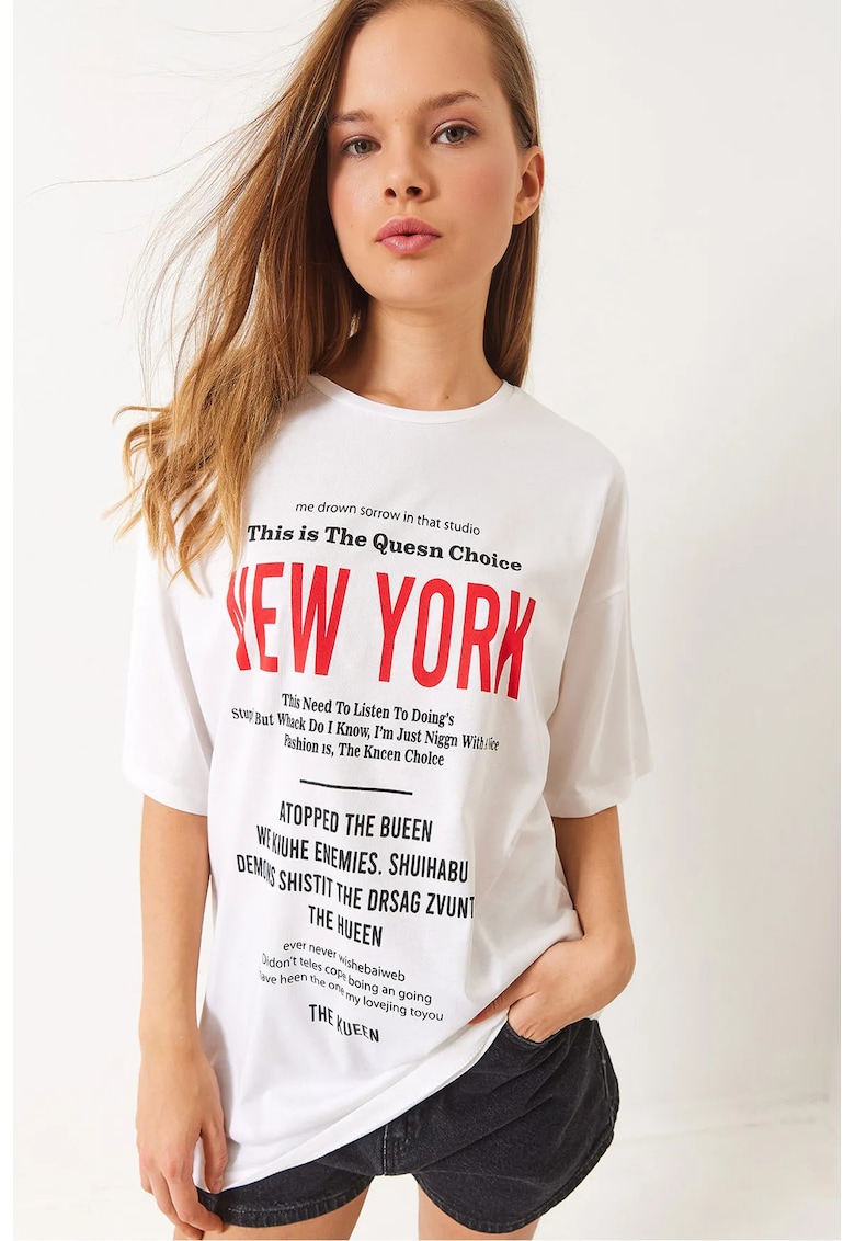 Tricou supradimensionat din bumbac - guler rotund - imprimeu motivational - alb