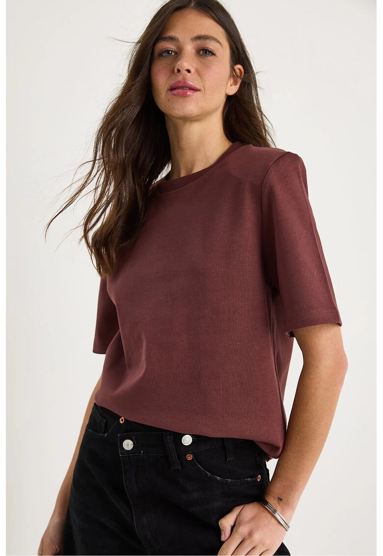 Tricou dama guler rotund - captusit - scurt - maro - bumbac