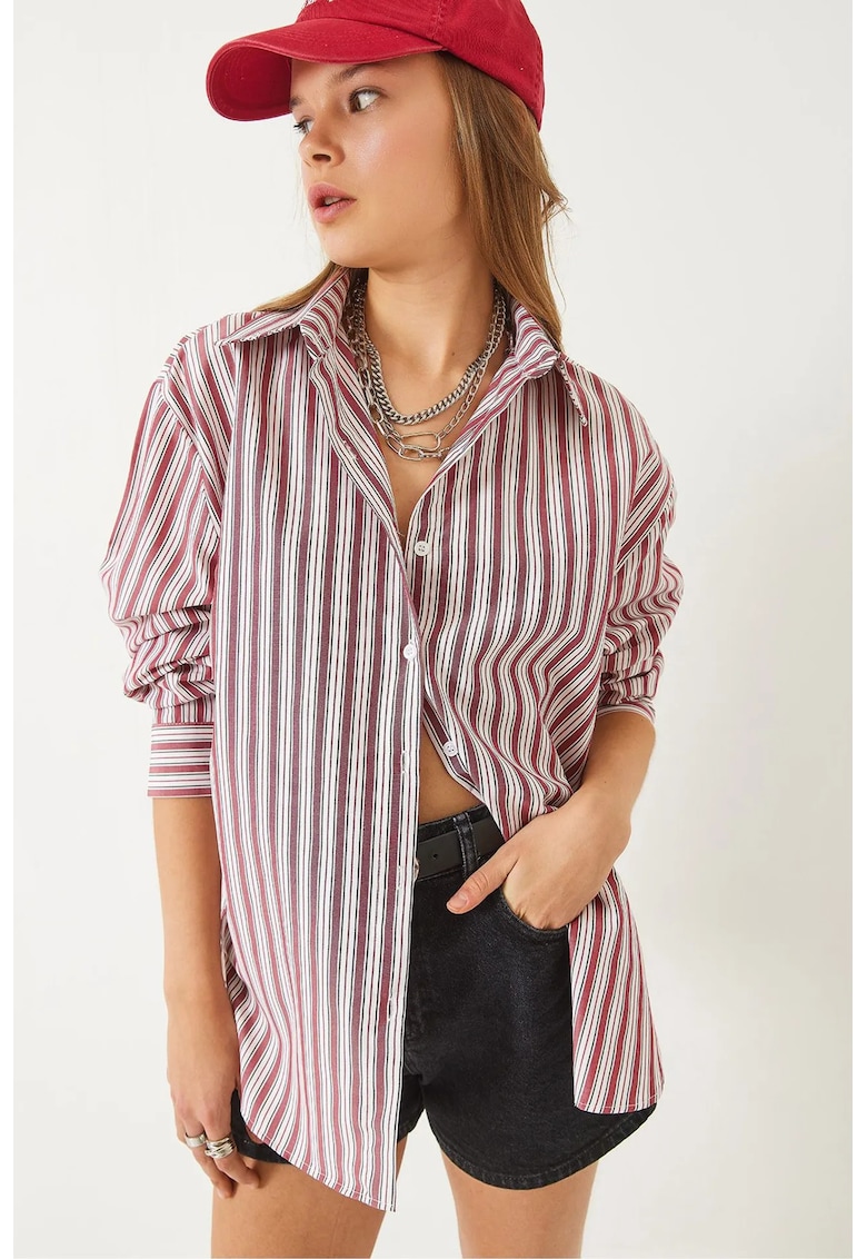 Camasi dama - camasa din poplin cu dungi - rosie - textil