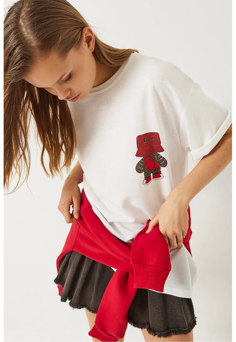 Tricou dama guler rotund - imprimeu elegant - alb - bumbac/ poliester