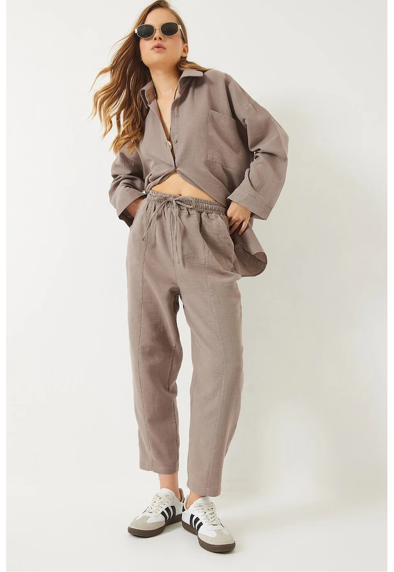 Set doua piese - camasa supradimensionata din bumbac texturat si pantaloni lati - maro -