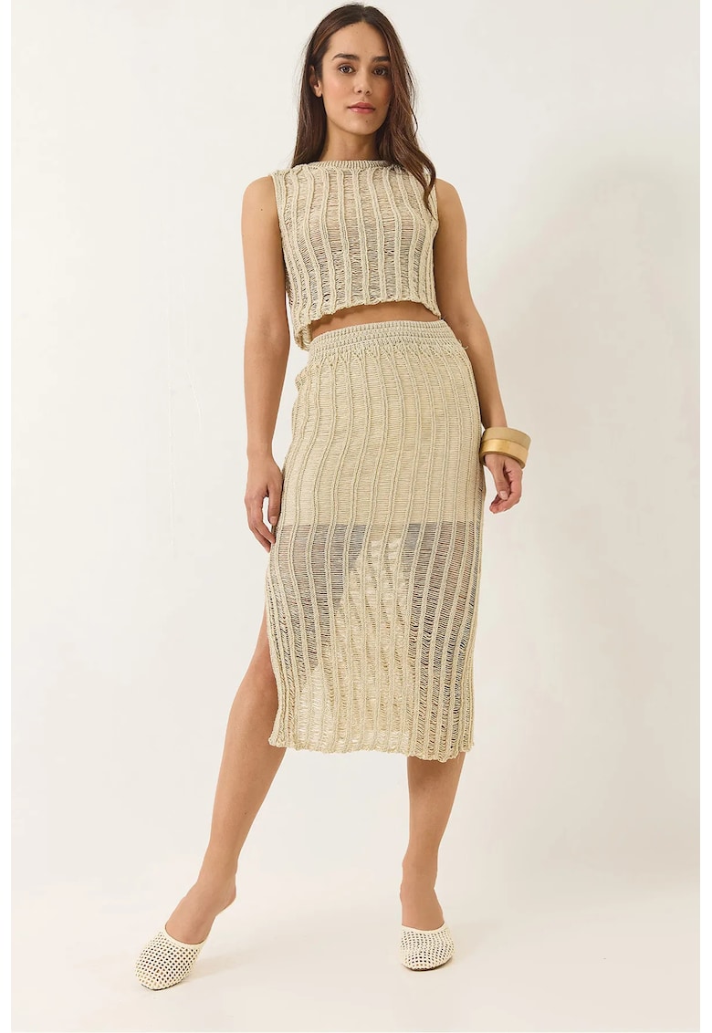 Set doua piese - tricot texturat - crapatura - bej -