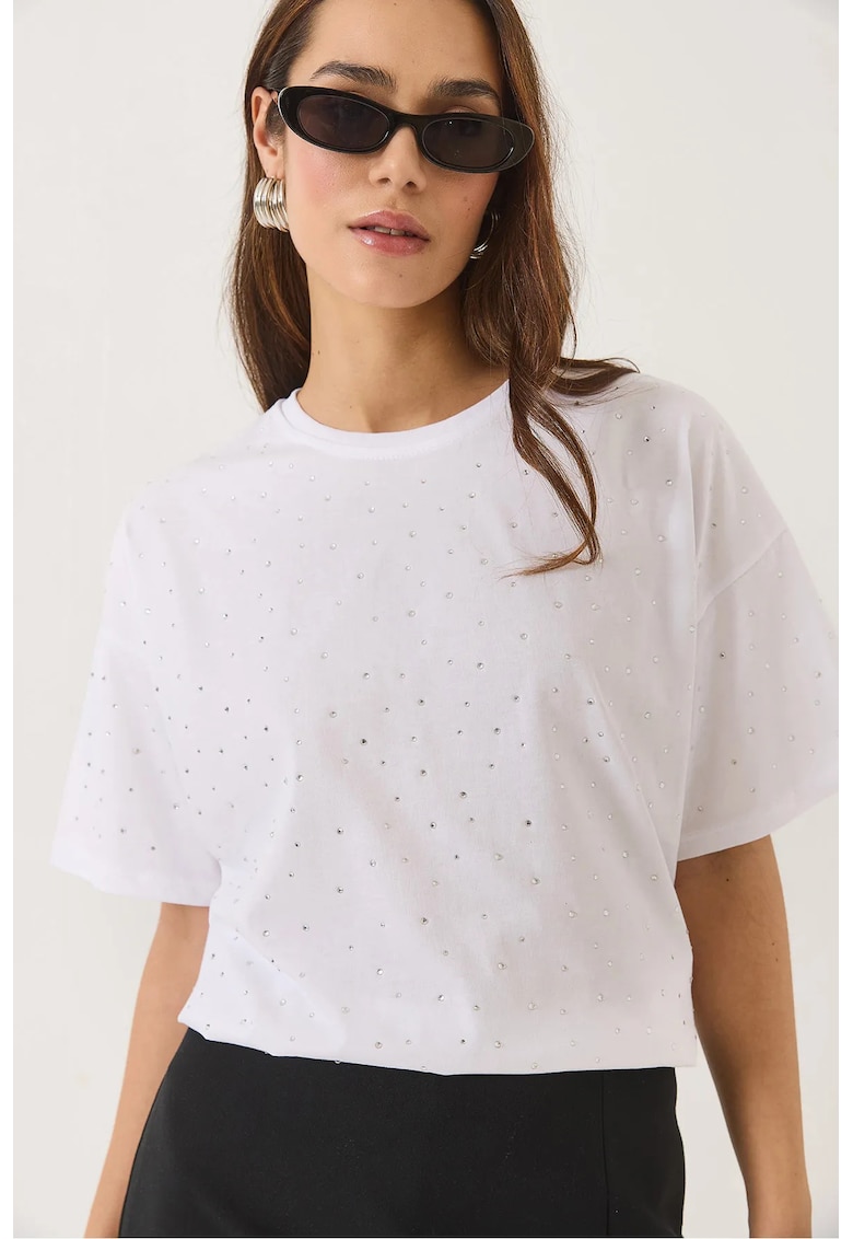 Tricou dama guler rotund - paiete - alb - bumbac