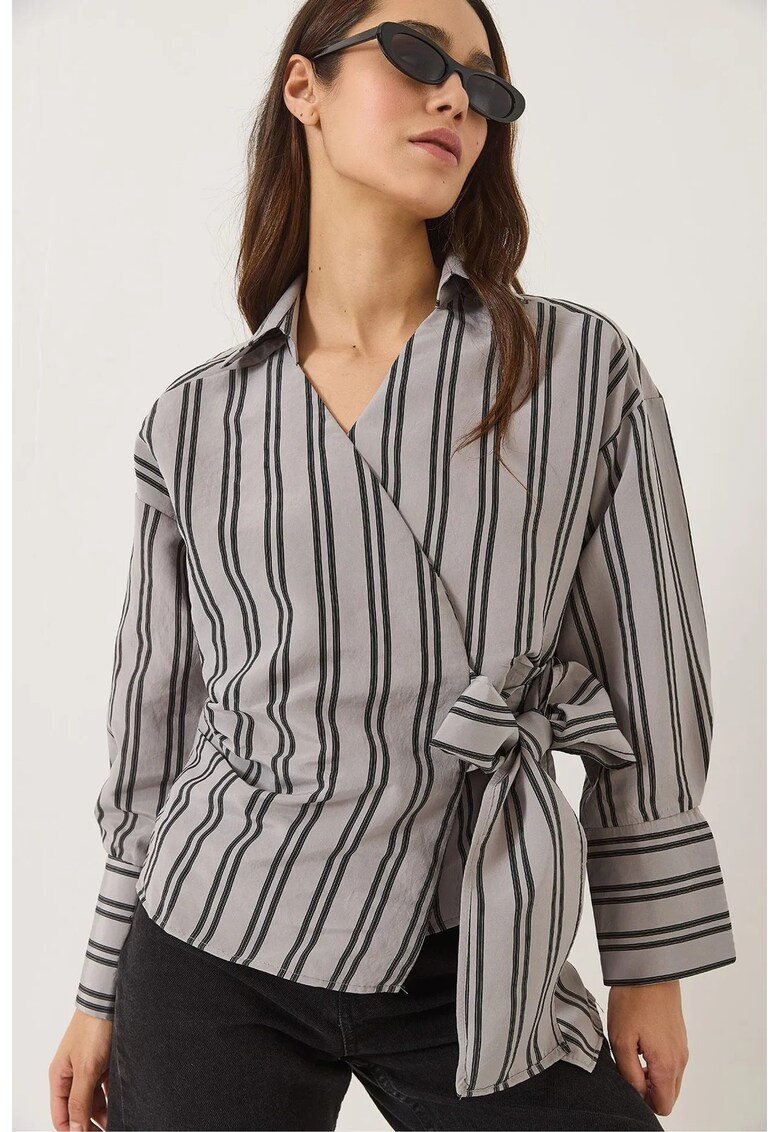 Camasa din poplin - cu dungi si funda - gri - textil