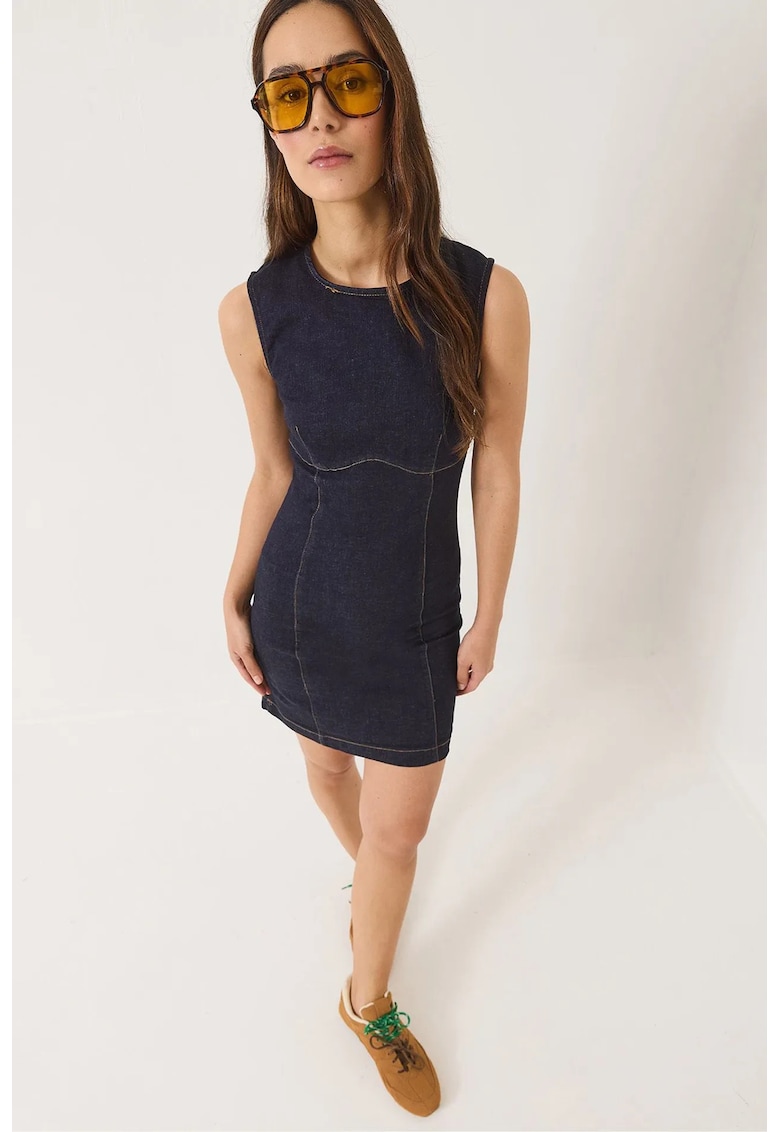 Rochie din denim - HiCCUP - mulata cu pompon - bleumarin - bumbac-lycra
