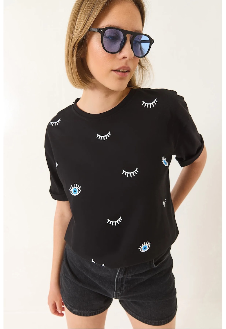 Tricou dama supradimensionat - imprimeu - negru - bumbac
