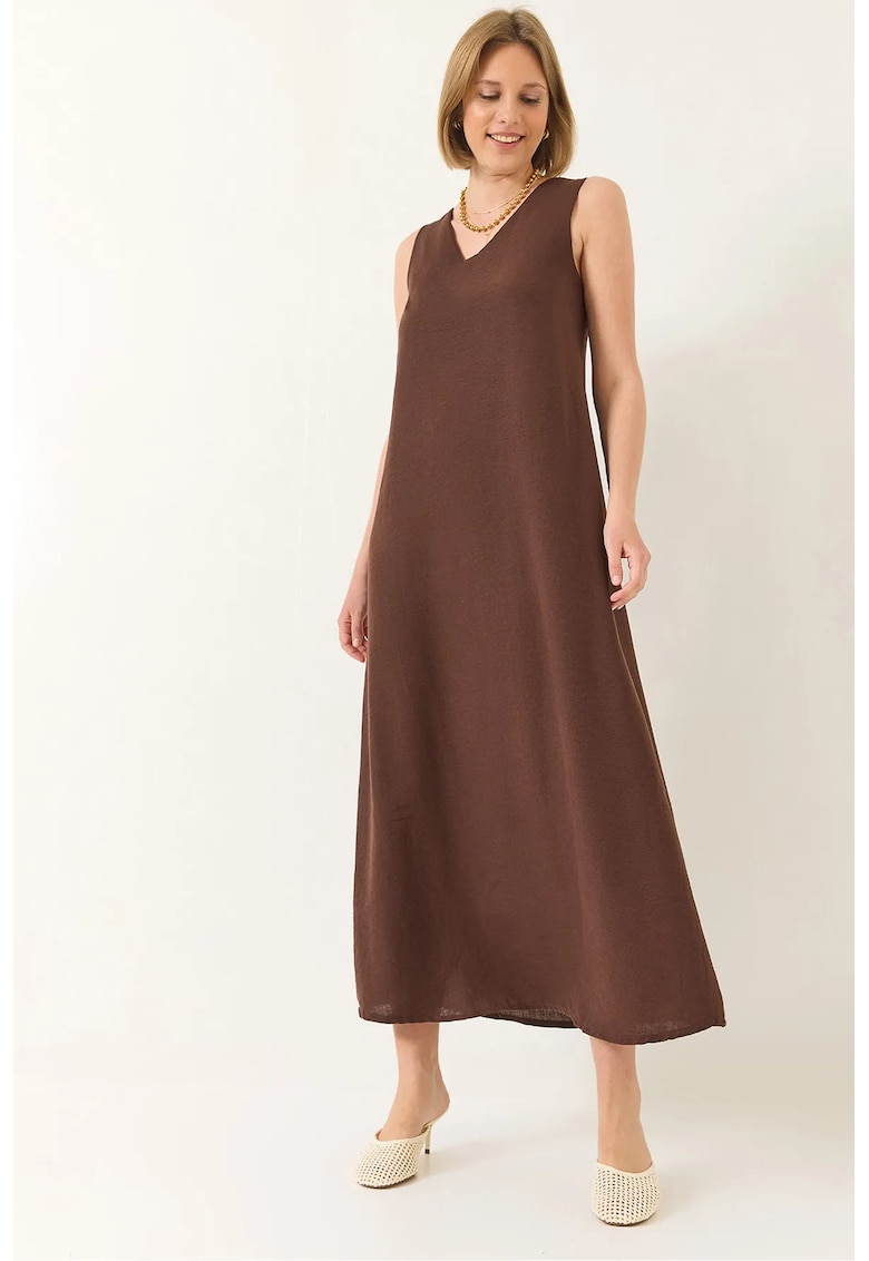 Rochie maxi - HiCCUP - decolteu in V - croiala lejera - maro - textil