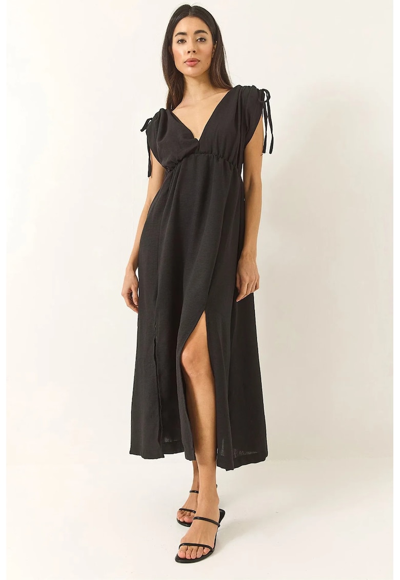 Rochie maxi dama - HiCCUP - poplin - decolteu in V - negru