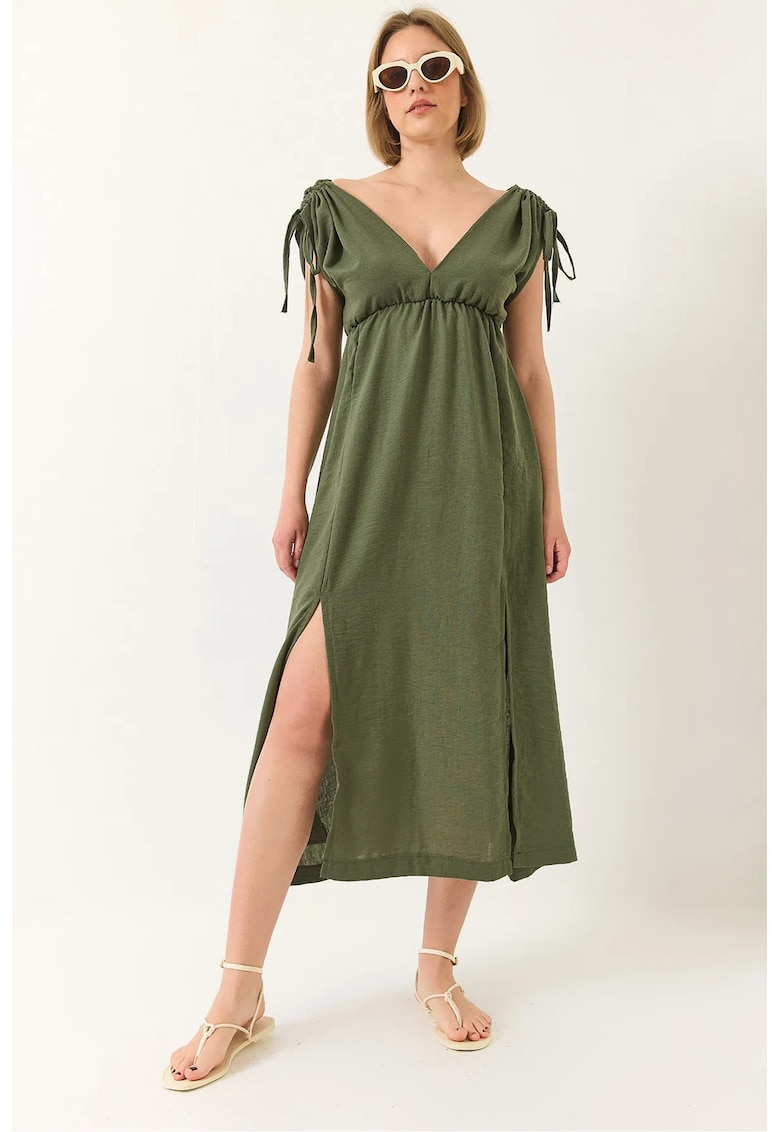 Rochie maxi dama - HiCCUP - poplin - decolteu in V - verde