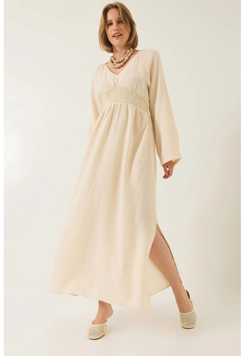 Rochie midi - HiCCUP - texturata - decolteu in V - bej - bumbac