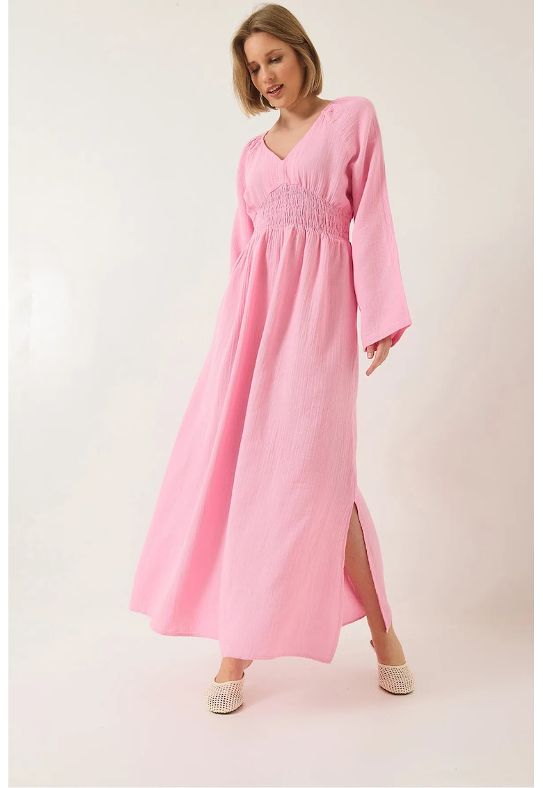 Rochie midi - texturata - decolteu in V - talie smockata - roz - bumbac