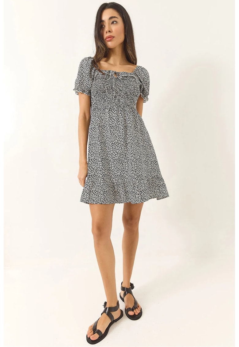 Rochie mini - guler patrat - volane florale - negru - viscoza