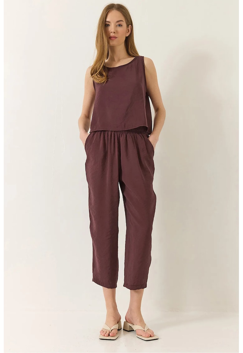 Set doua piese - tunica cu maneca lunga - pantaloni largi - violet - textil
