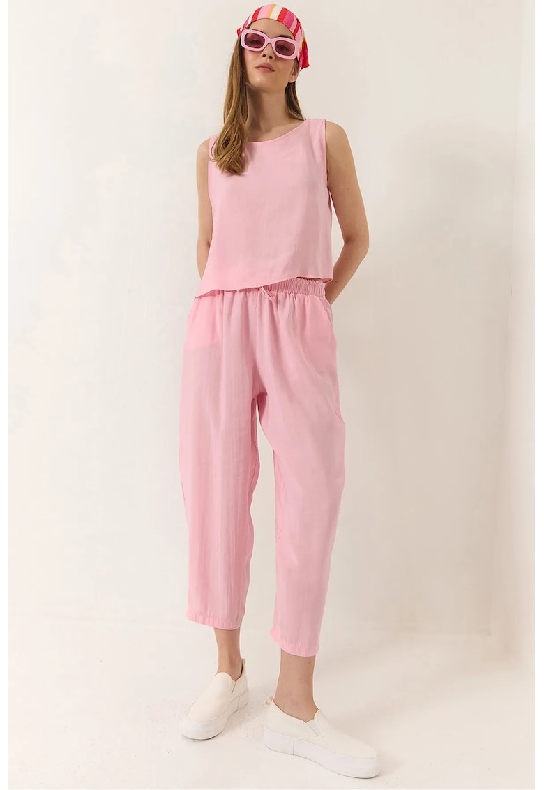 Compleu dama - tunica cu maneca lunga - pantaloni largi - roz - textil