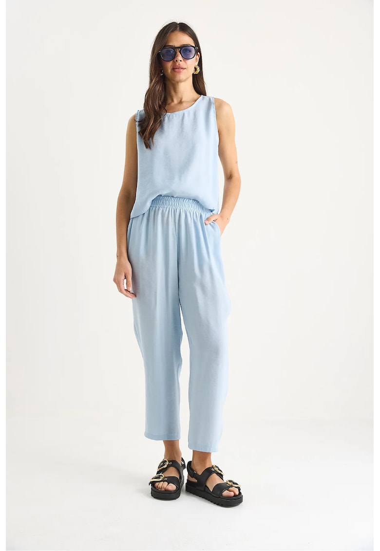 Compleu dama - tunica cu maneca lunga - pantaloni largi - albastru - textil -