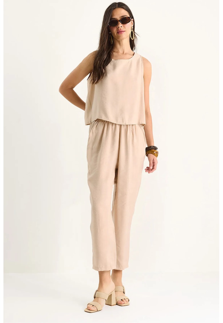 Set doua piese - tunica cu maneca lunga - pantaloni largi - bej - poliester/elastan