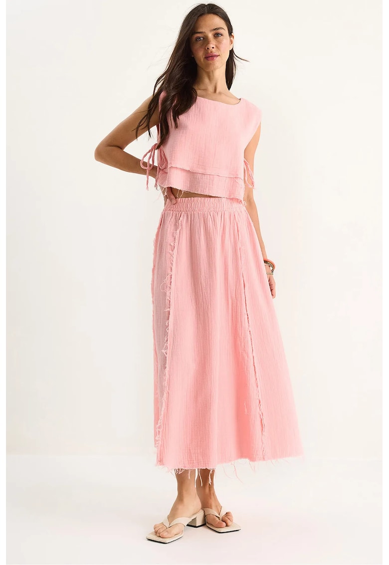 Compleu dama - tunica texturata din bumbac si pantaloni cu croi larg - roz - textil