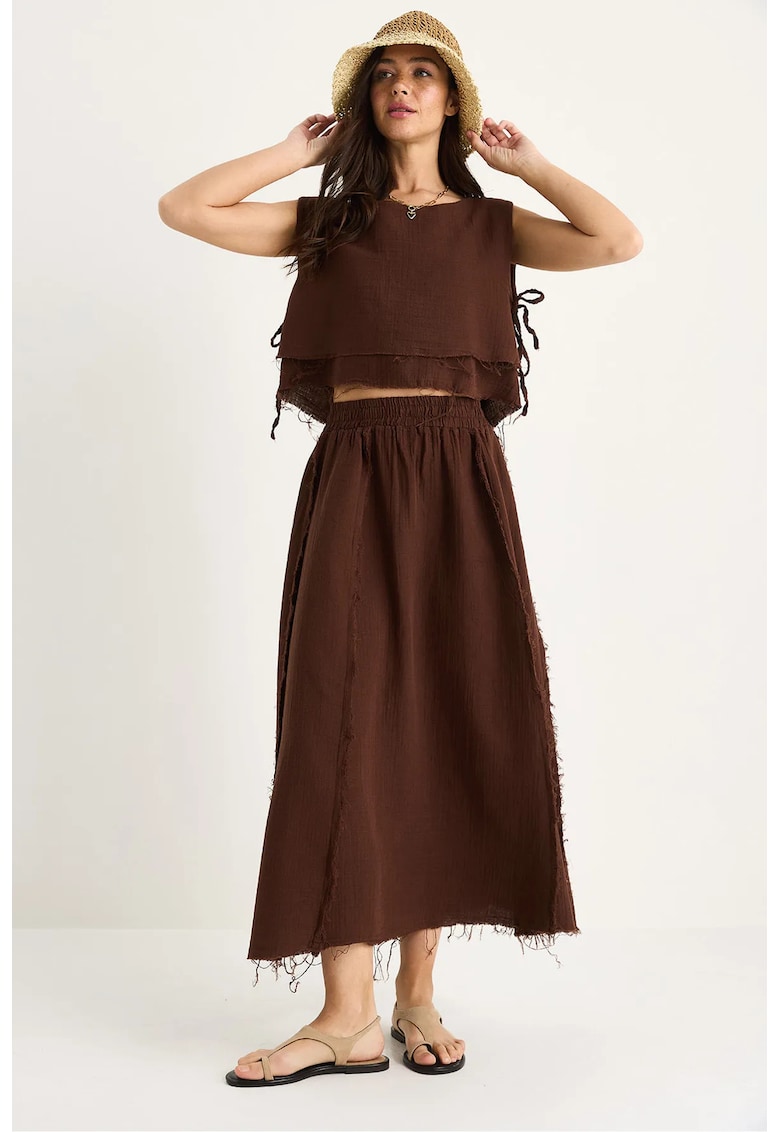 Compleu dama tunica texturata din bumbac si pantaloni cu croi larg - maro - textil