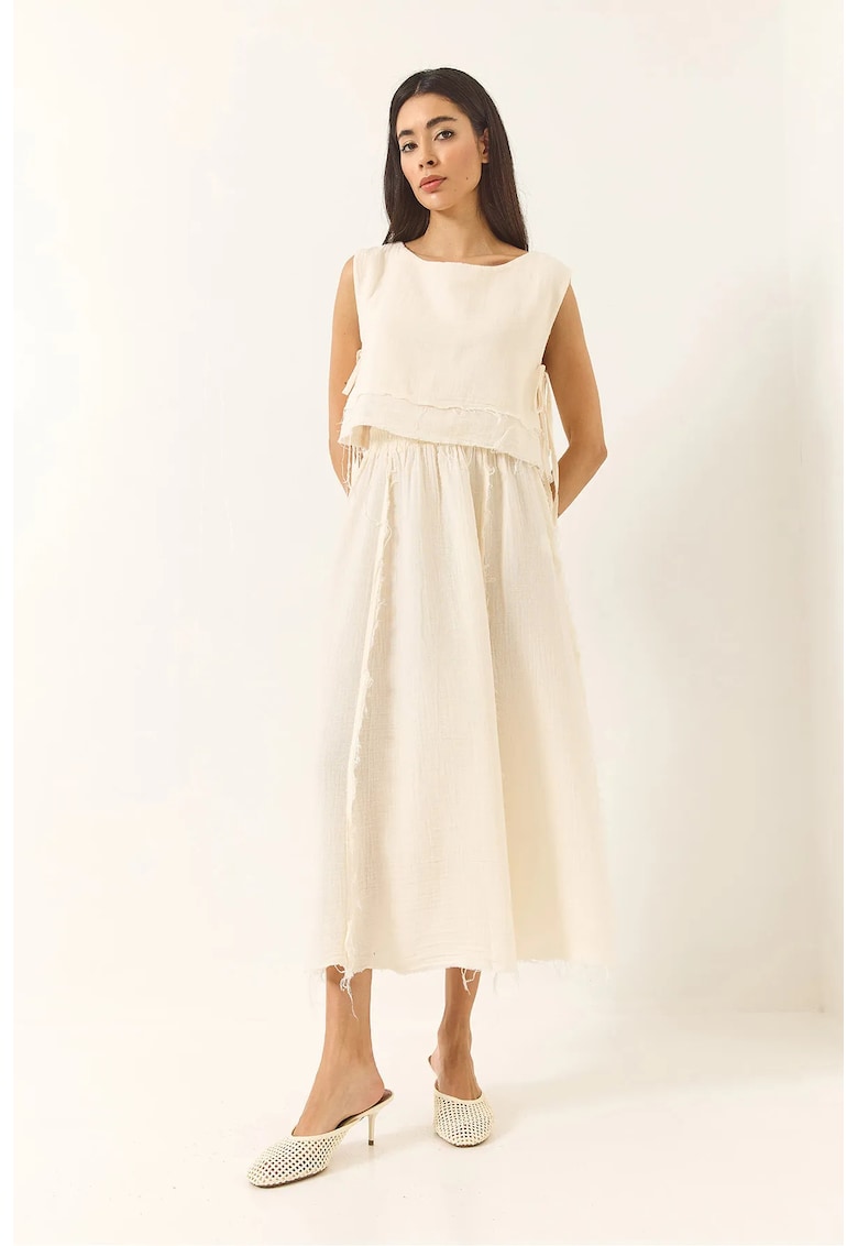 Compleu dama tunica texturata din bumbac - pantaloni cu croi larg - bej - textil