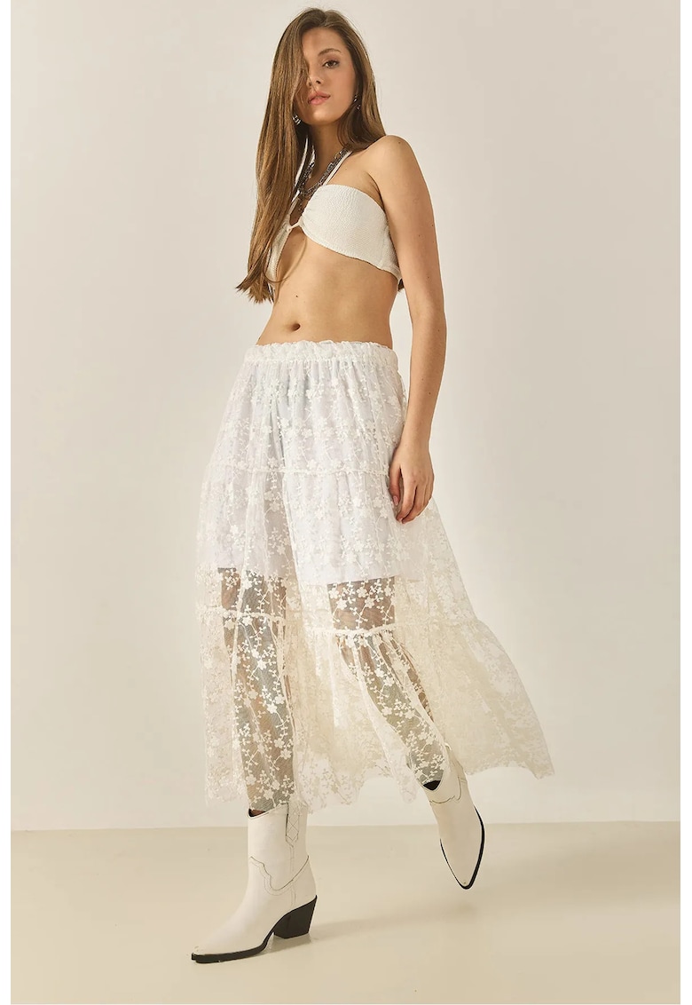 Fusta maxi - talie inalta - inflorata - alb - textil