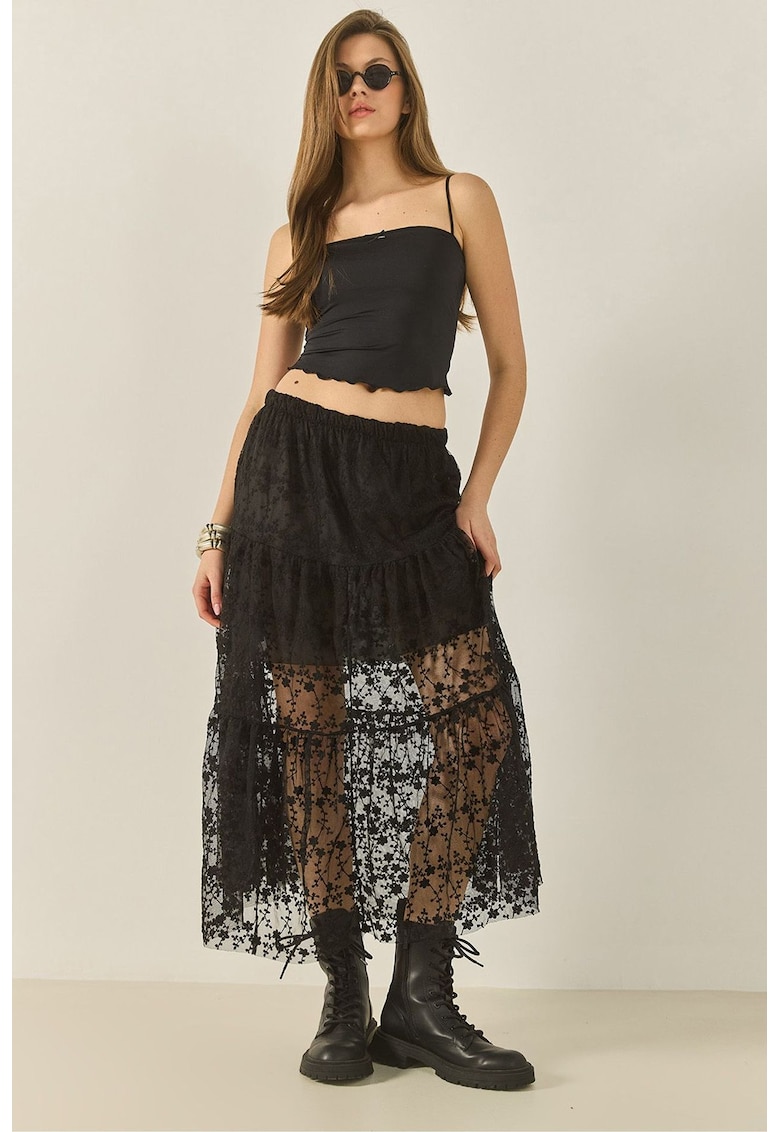 Fusta maxi - cu talie inalta - detalii cu volane - bumbac