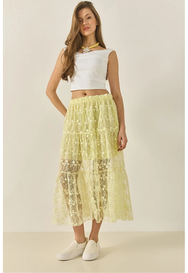 Fusta maxi - talie inalta - textil/bumbac - galben