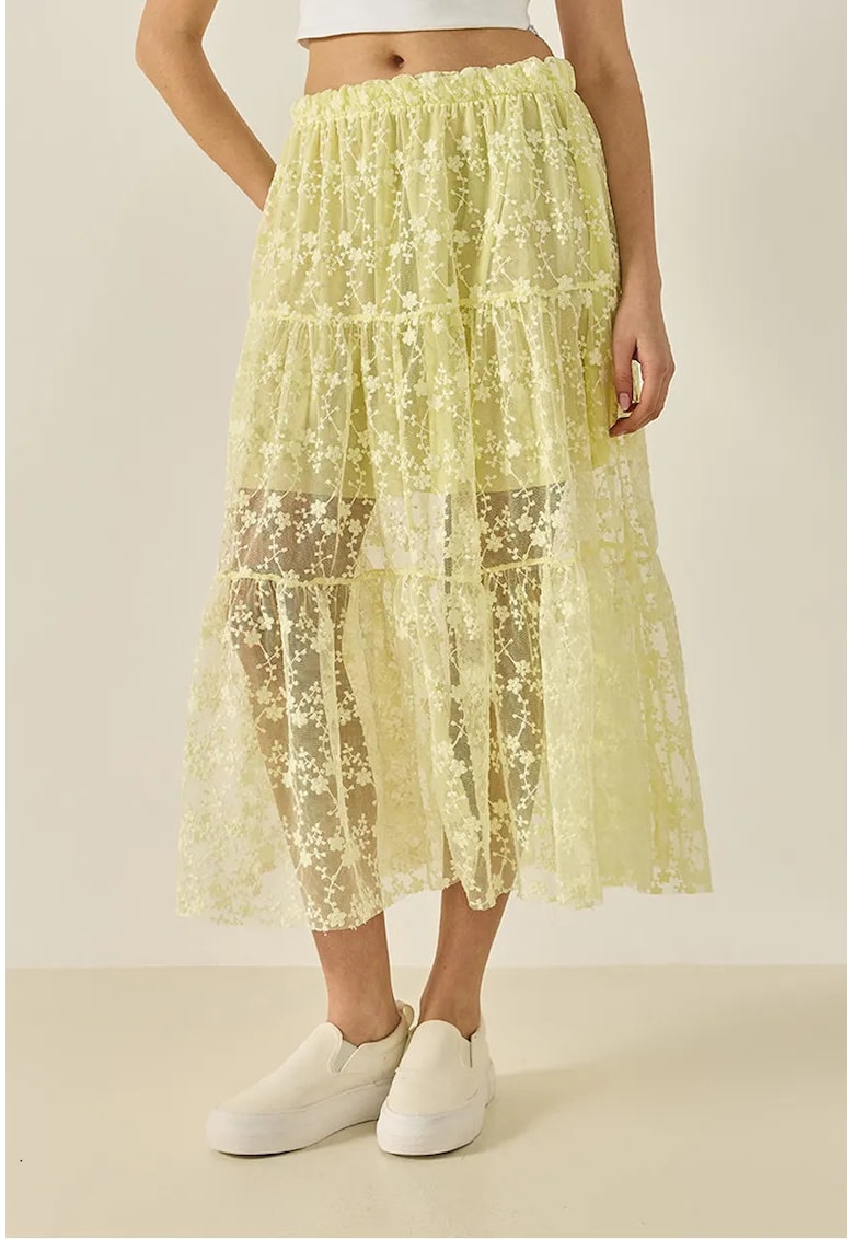 Fusta maxi - cu talie inalta - detalii cu volane - galben - bumbac -