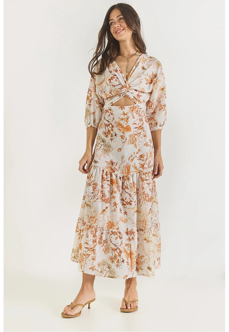 Rochie maxi - imprimeu floral - decolteu in V - portocalie - poliester Rochie maxi - imprimeu floral - decolteu in V - portocalie - poliester