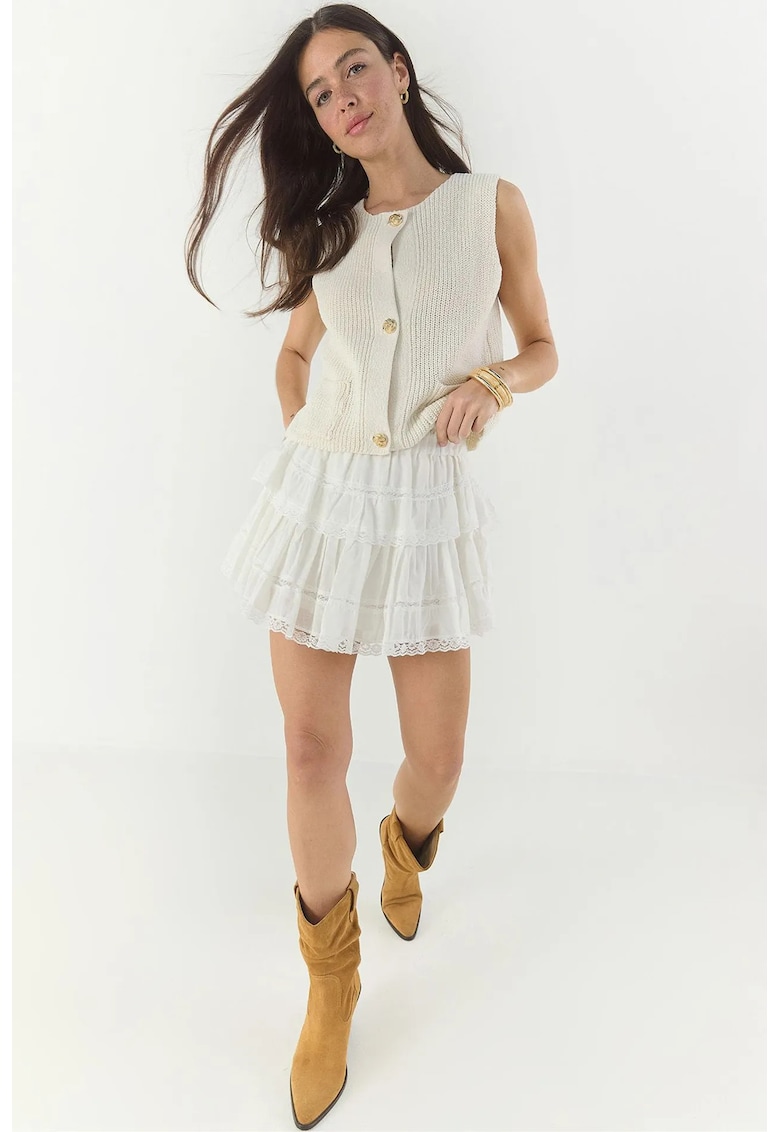 Fusta scurta - mini din bumbac texturat - volane - bej