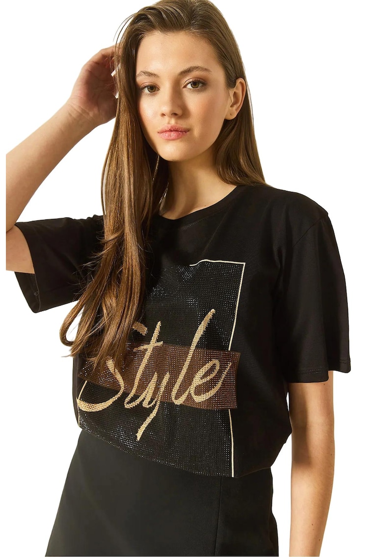 Tricou dama scurt - imprimeu spate - negru - bumbac