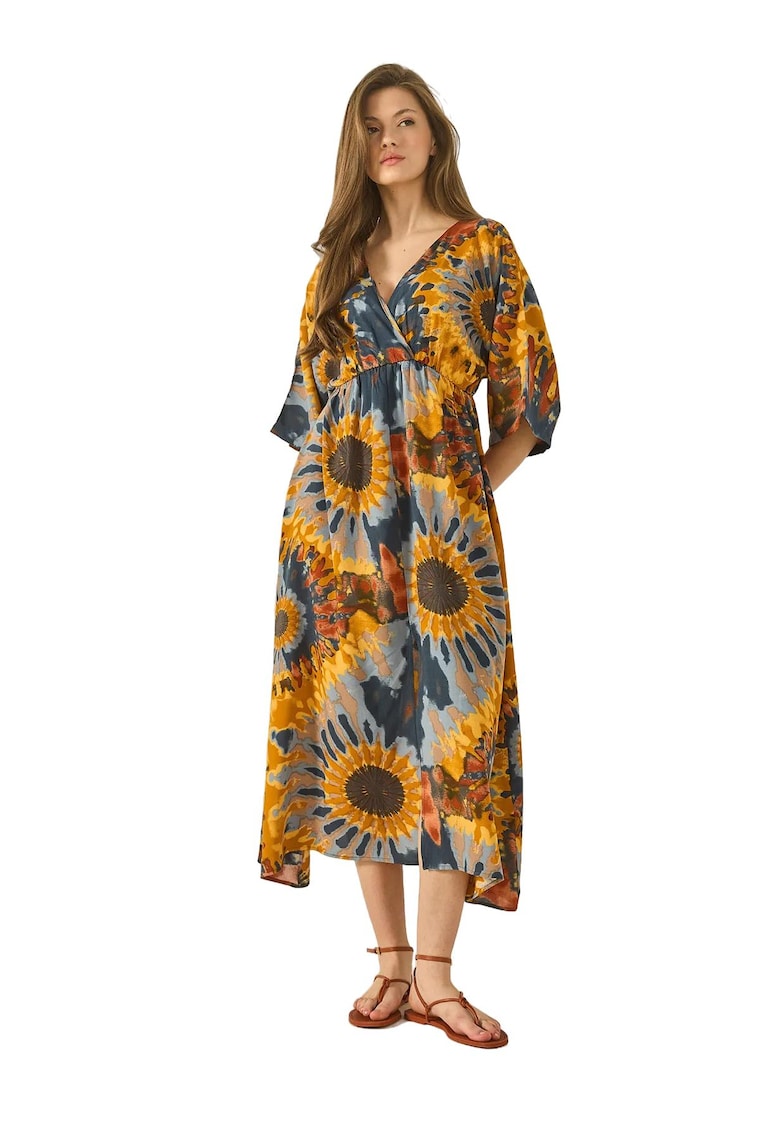 Rochie maxi dama  decolteu in V - imprimeu floral - viscoza - multicolor