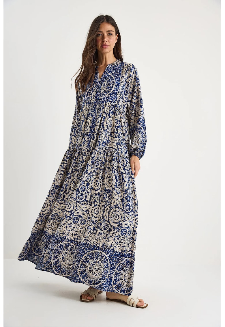 Rochie maxi dama -  croi lejer - viscoza - decolteu in V - bej/albastru