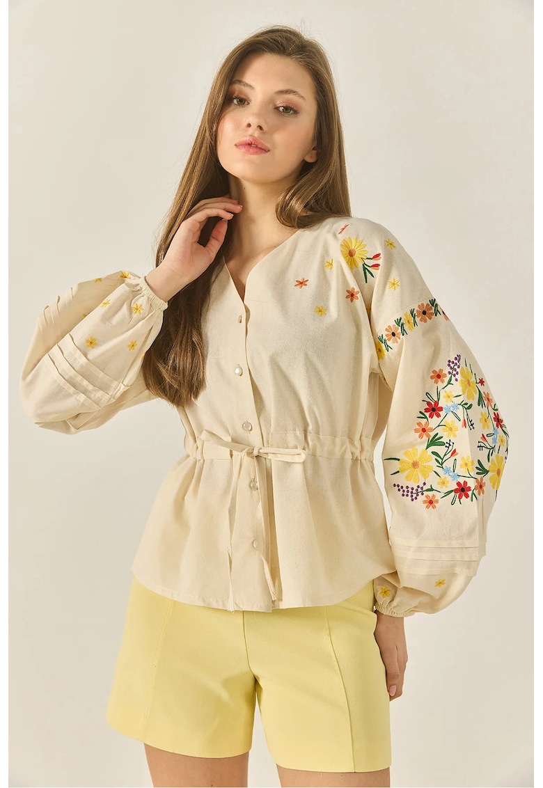 Camasa dama - din bumbac - cu decolteu in V si funda - natural Camasa dama - din bumbac - cu decolteu in V si funda - natural